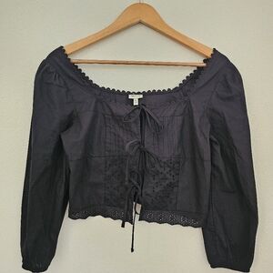 Boho Black Lace-Trim Embroidered Peasant Top - Casual Tie-Front Size S